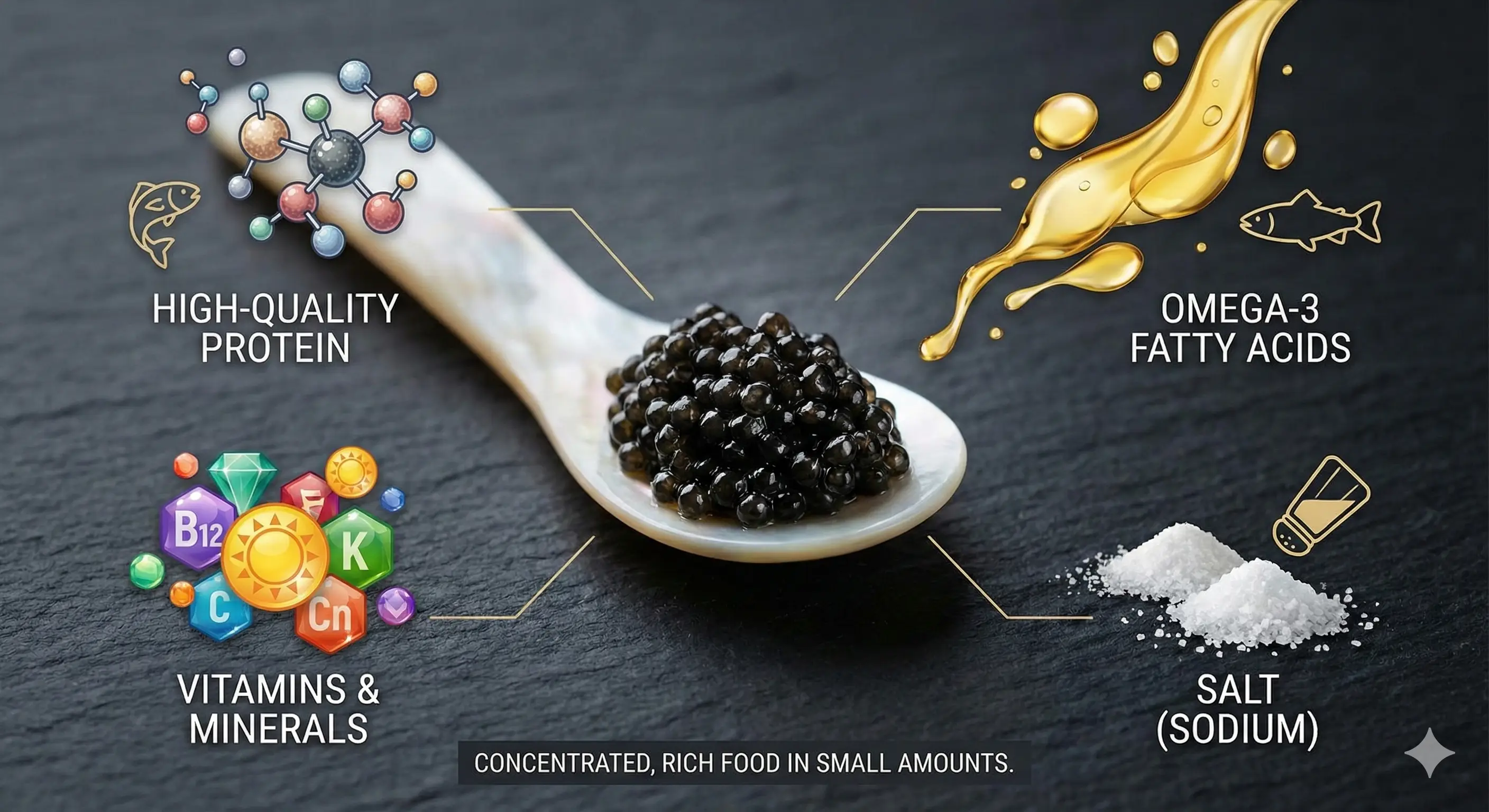 Spoon of black caviar with icons for protein, omega-3, vitamins, minerals and antioxidants