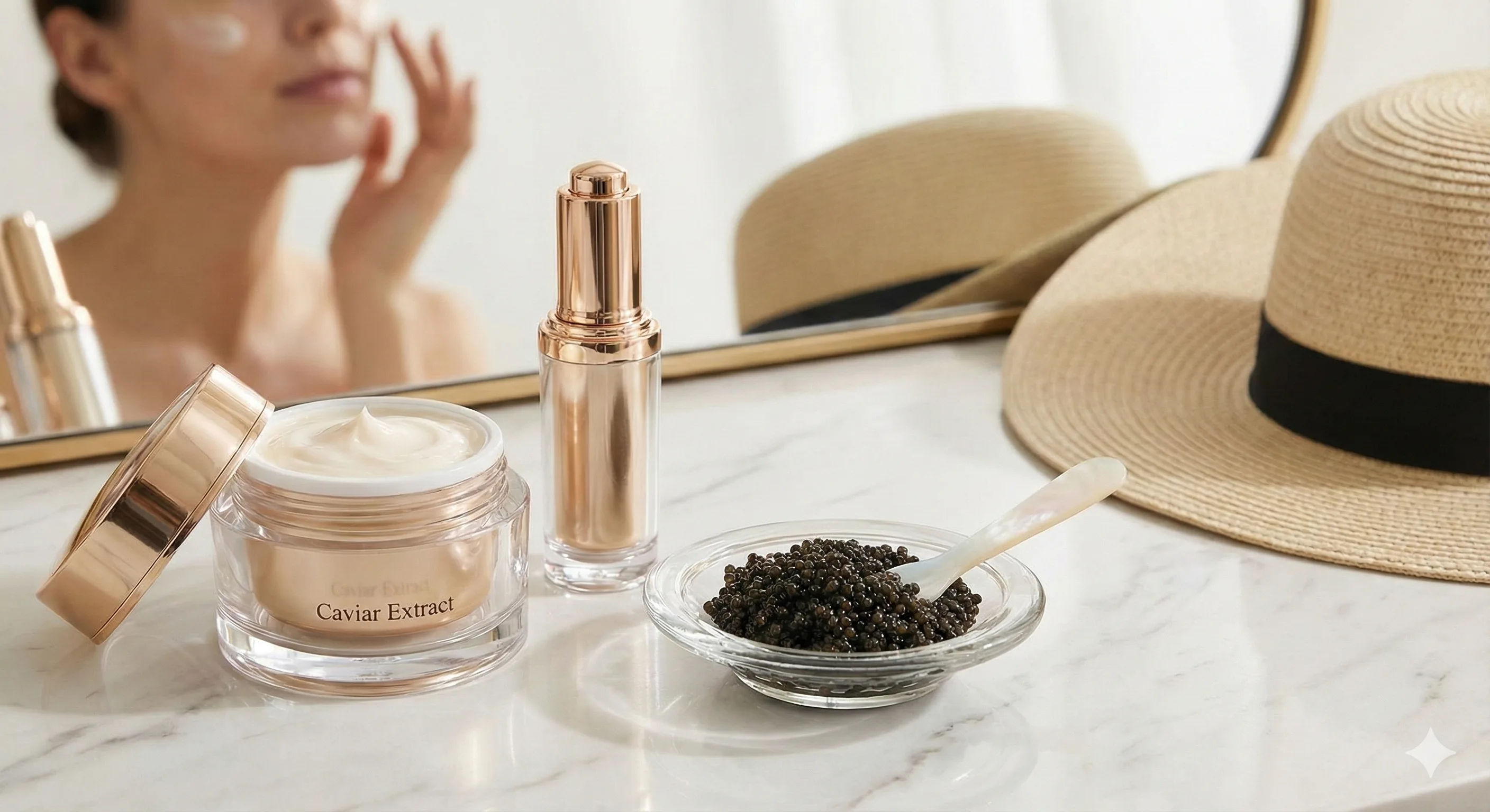 Luxury skincare set with caviar extract cream and fresh caviar bowl on vanity to show skin benefits