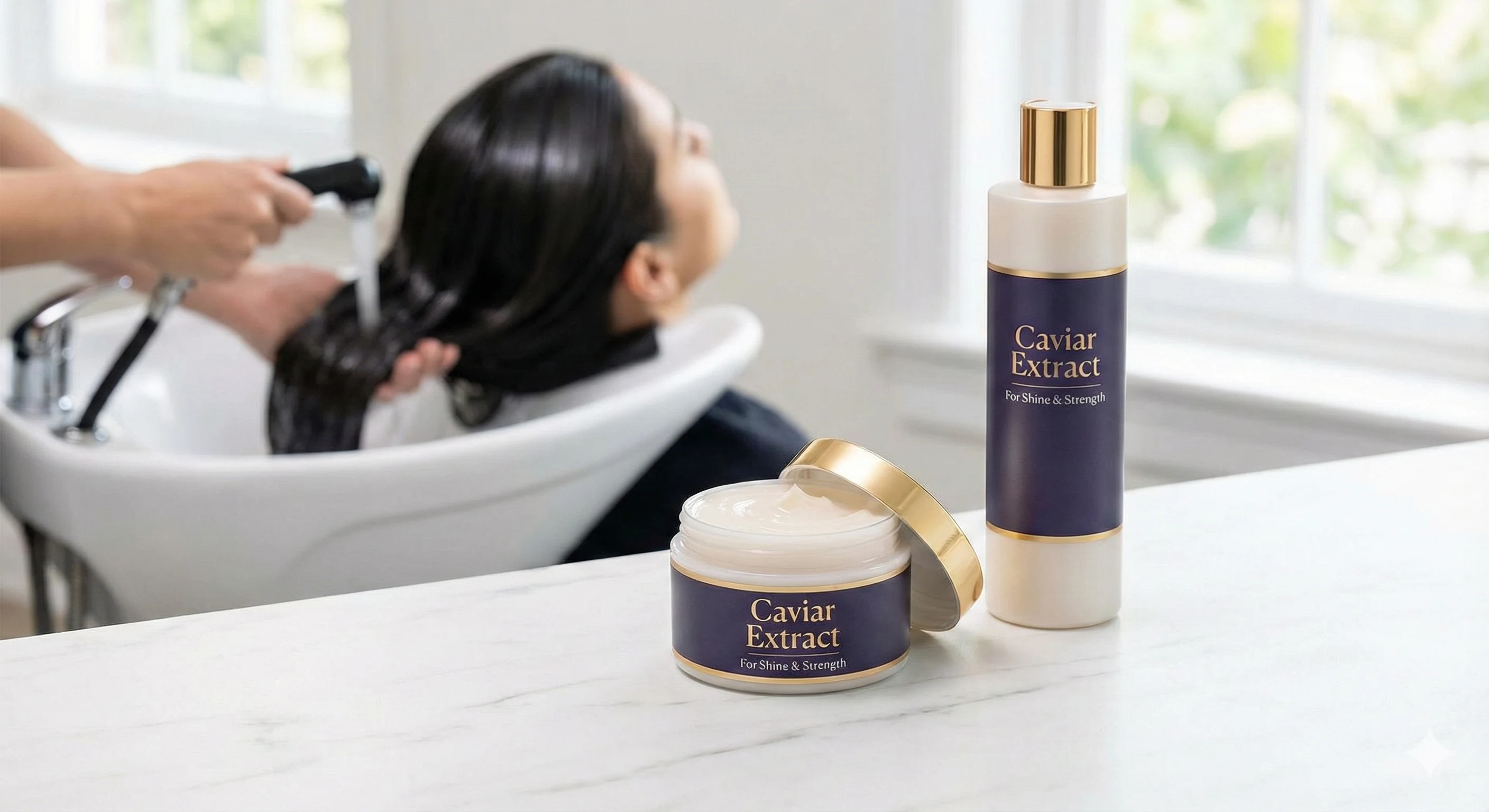 Hairdresser washing hair next to caviar extract hair mask and shampoo showing shine benefits