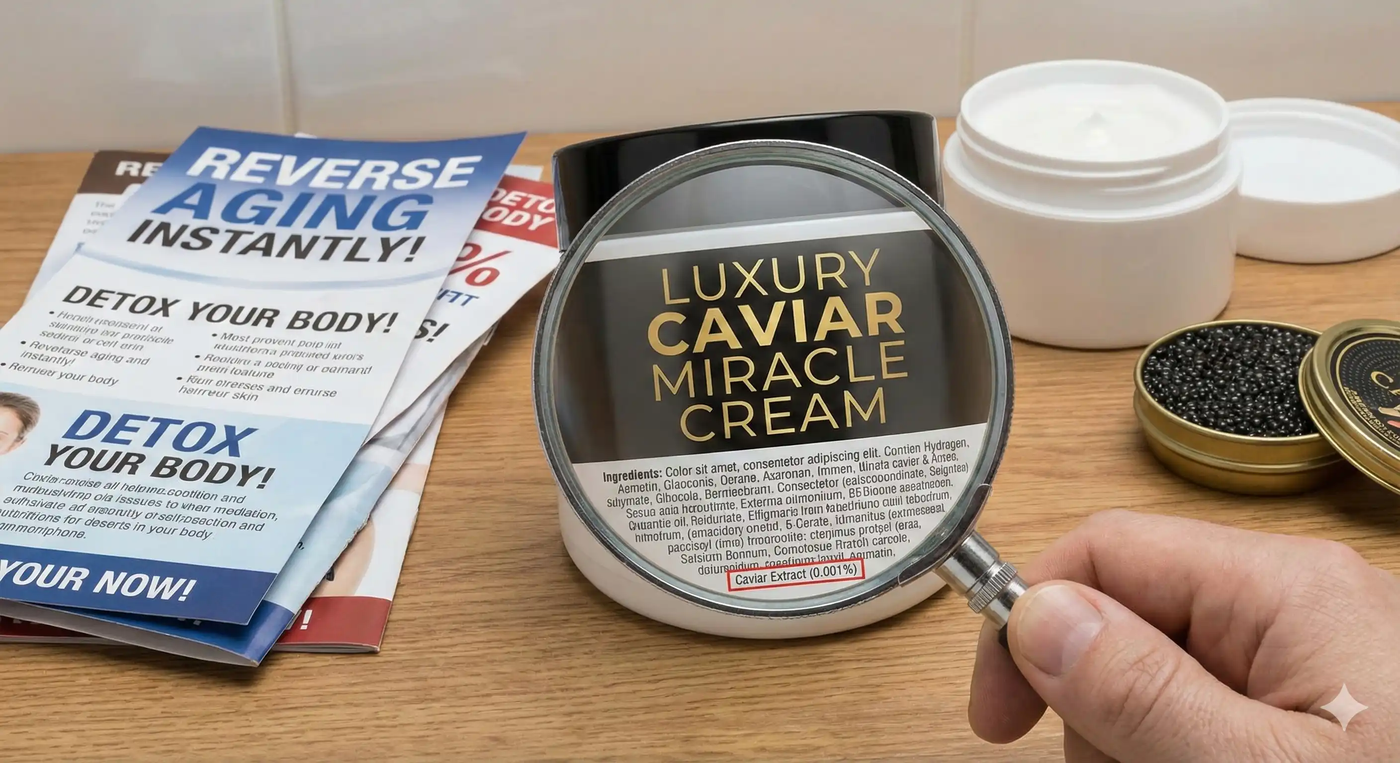 Magnifying glass reading luxury caviar miracle cream label with tiny caviar extract percentage to show hype