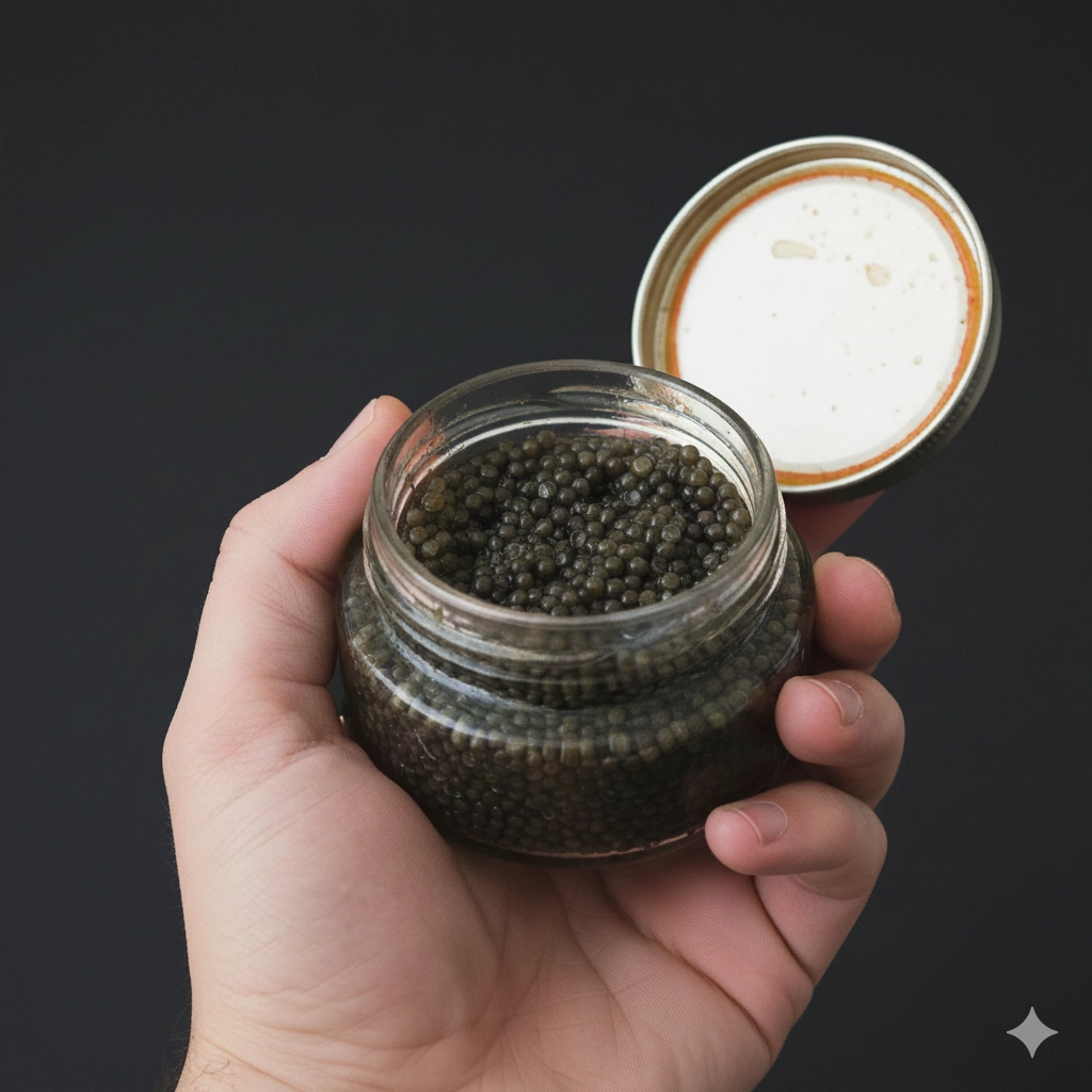 Checking an open jar of caviar for freshness