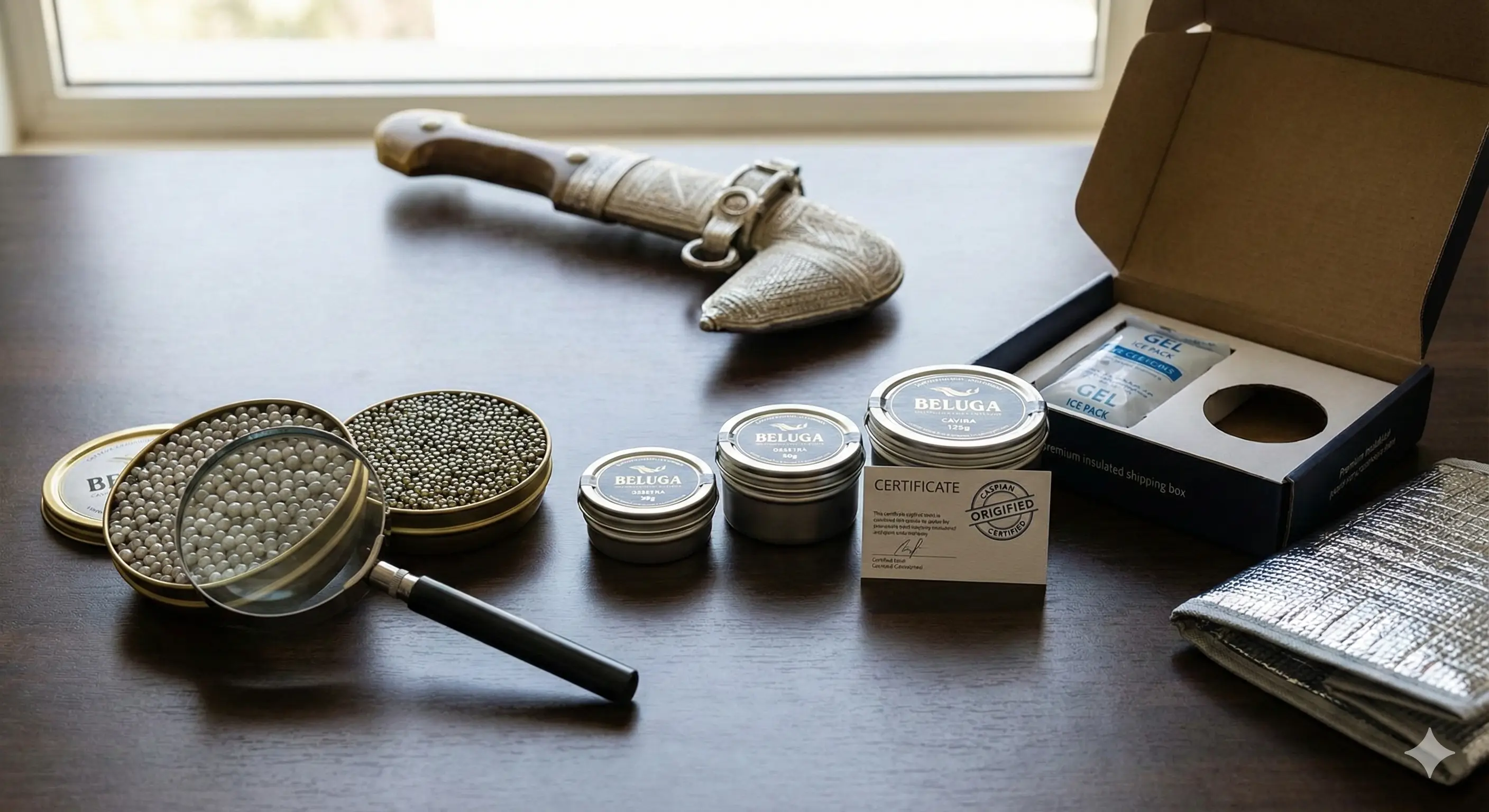 Beluga caviar tins with certificate and cold delivery box showing why premium caviar is expensive