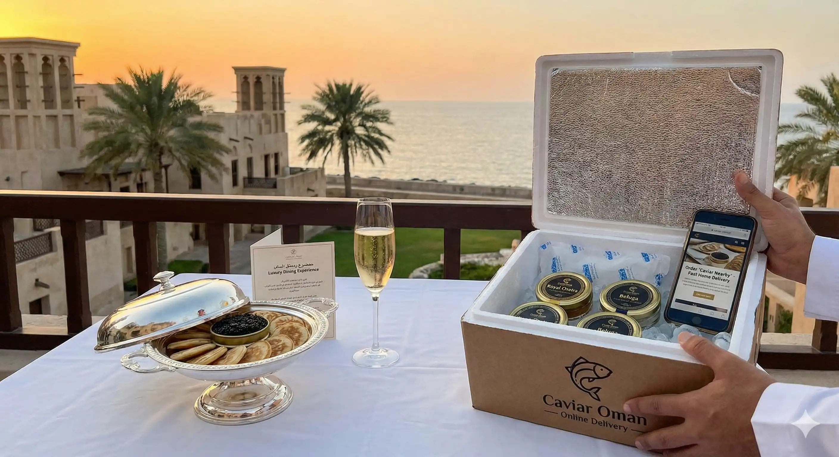 Chilled caviar delivery box and tins on a balcony table in Oman
