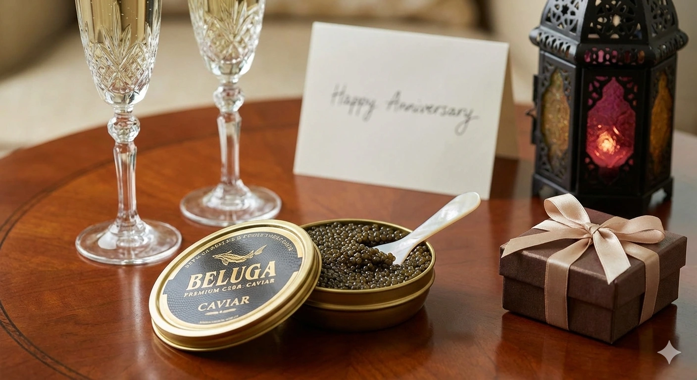 Beluga caviar tin with champagne glasses and a gift box for a special occasion