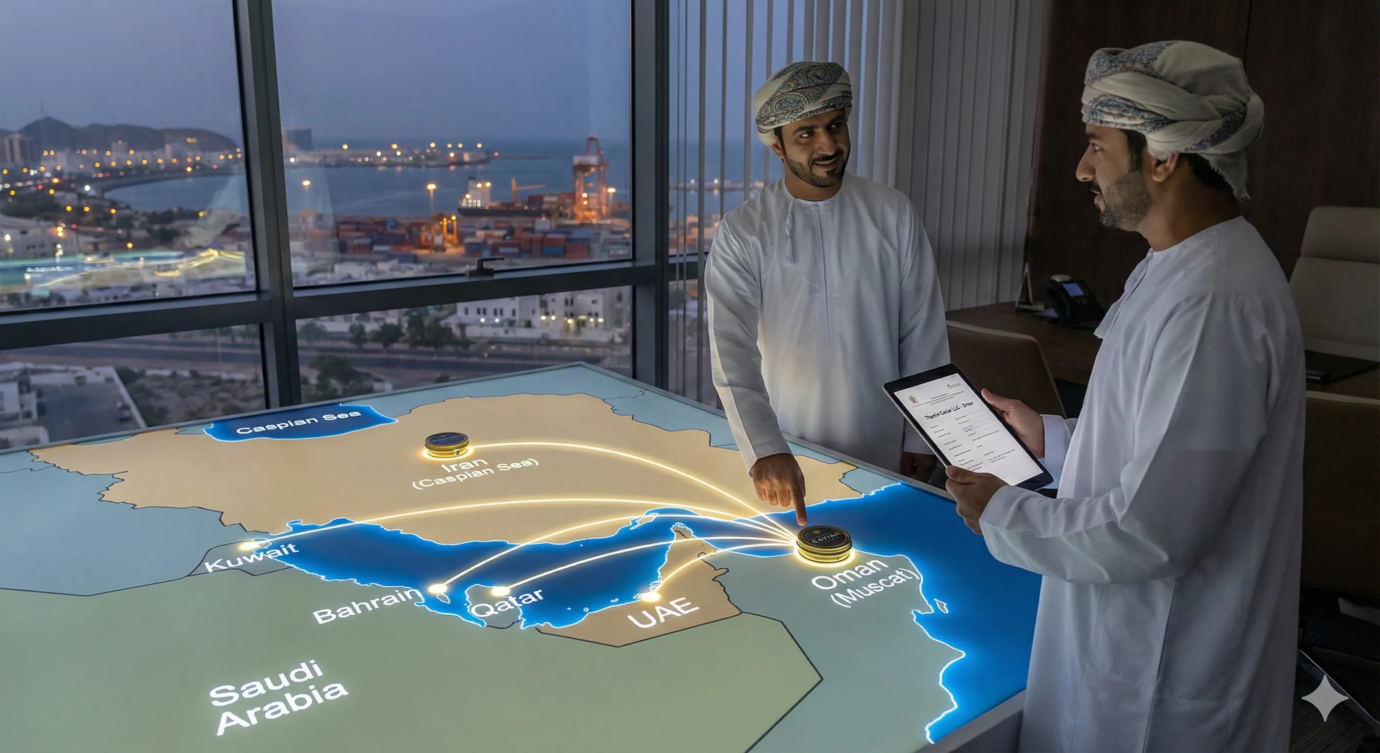 Export map showing caviar shipments from Iran to Oman and onward to all GCC countries with Omani team planning logistics