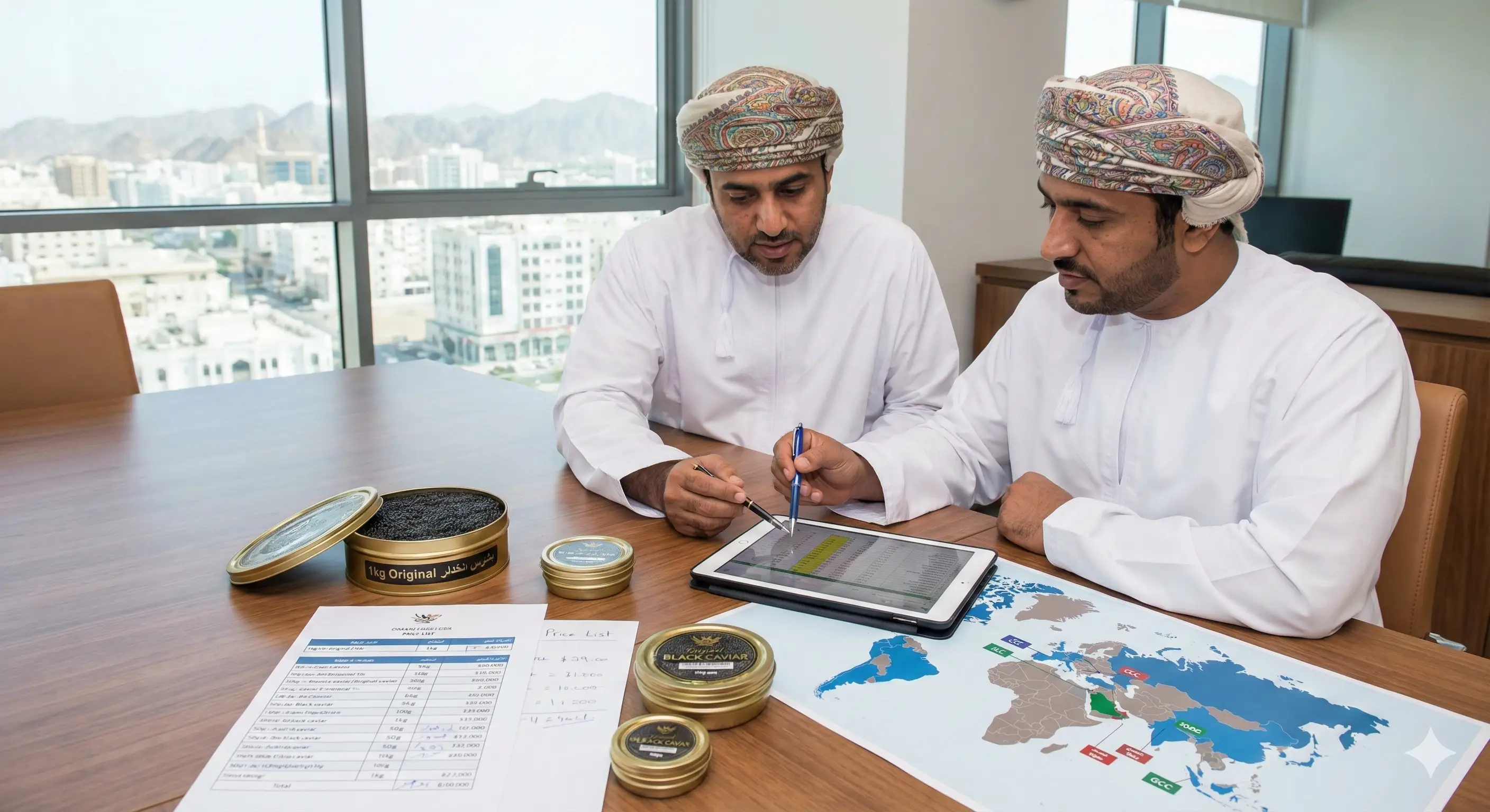 Two Omani buyers reviewing kilo caviar price list and GCC shipment map at a meeting table in Muscat