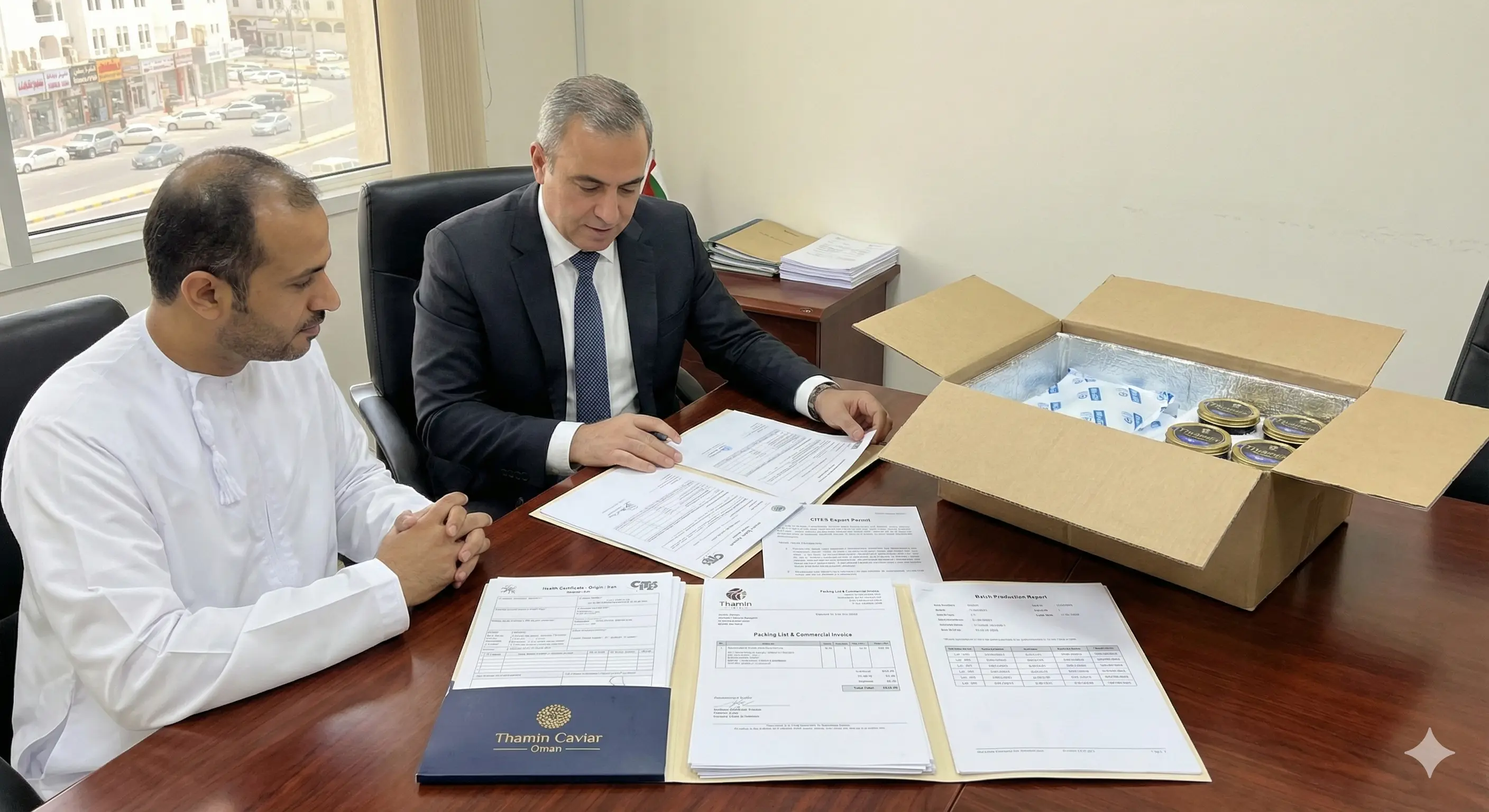 Omani caviar supplier reviewing CITES and health certificates beside an insulated export box filled with caviar tins