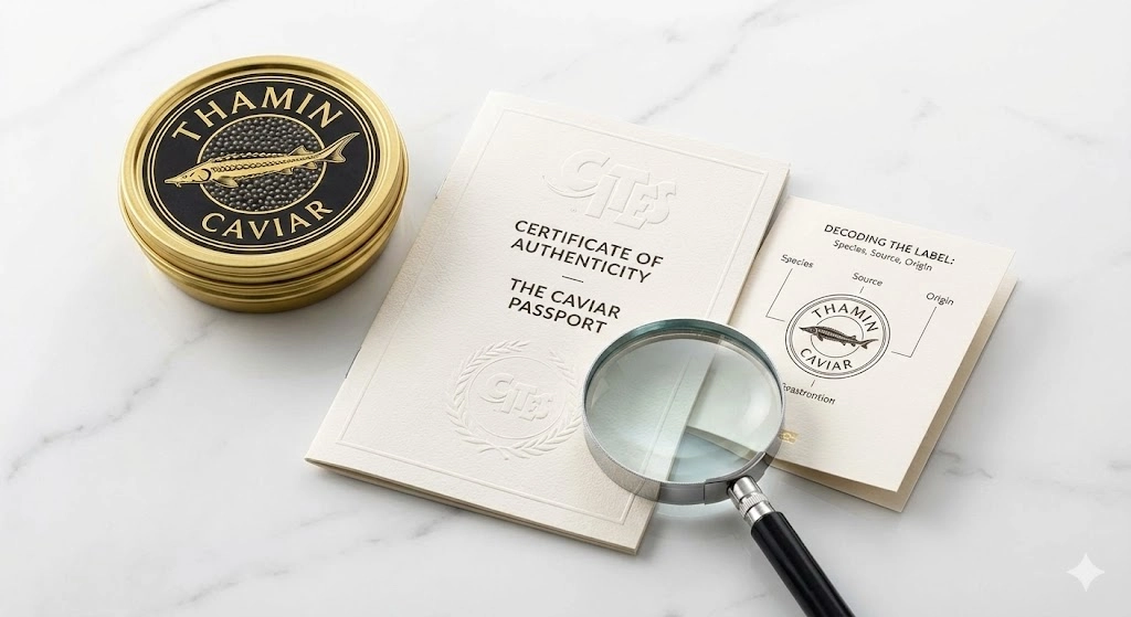 A guide cover illustrating how to read the CITES code on a Thamin Caviar tin to verify authenticity, species, and origin.