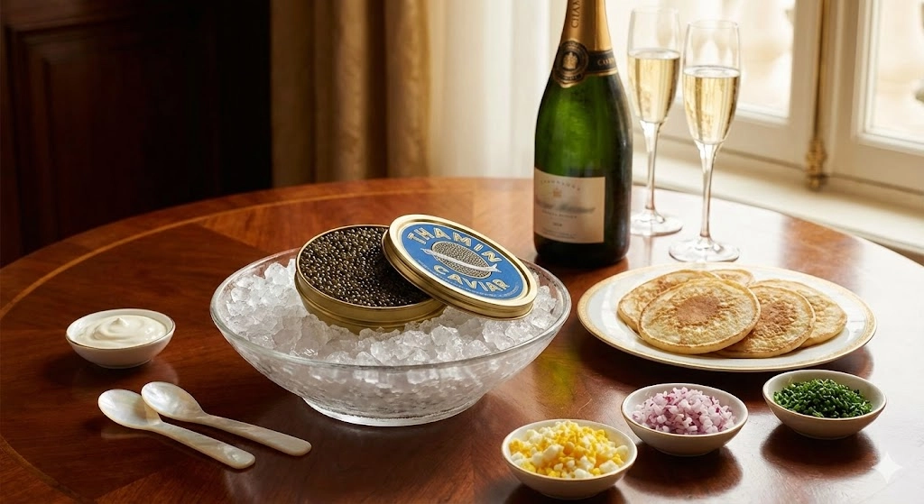 A classic table setting showing Thamin Caviar on crushed ice, served with mother-of-pearl spoons and warm blinis for the perfect tasting experience.