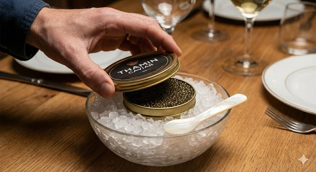 A hand opening a chilled tin of Thamin Caviar placed on a bed of crushed ice with a mother-of-pearl spoon, demonstrating the correct way to serve immediately.