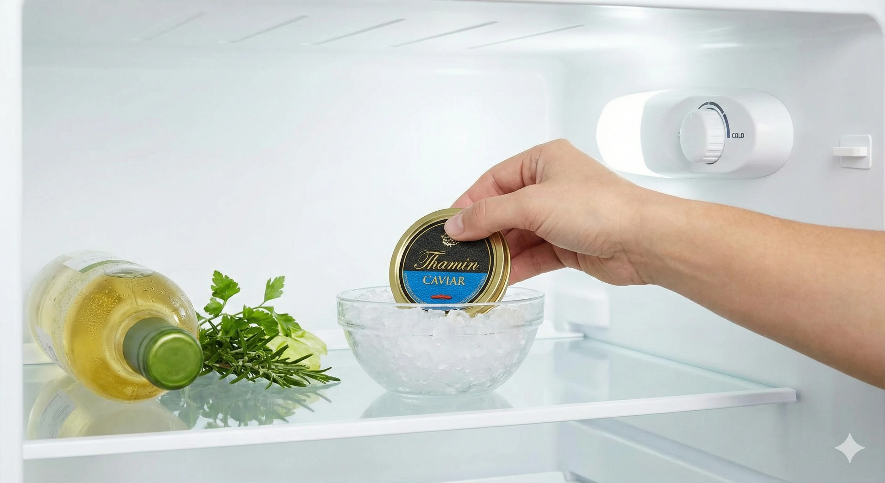 A tin of Thamin Caviar placed in the coldest part of the refrigerator to maintain optimal freshness and quality.