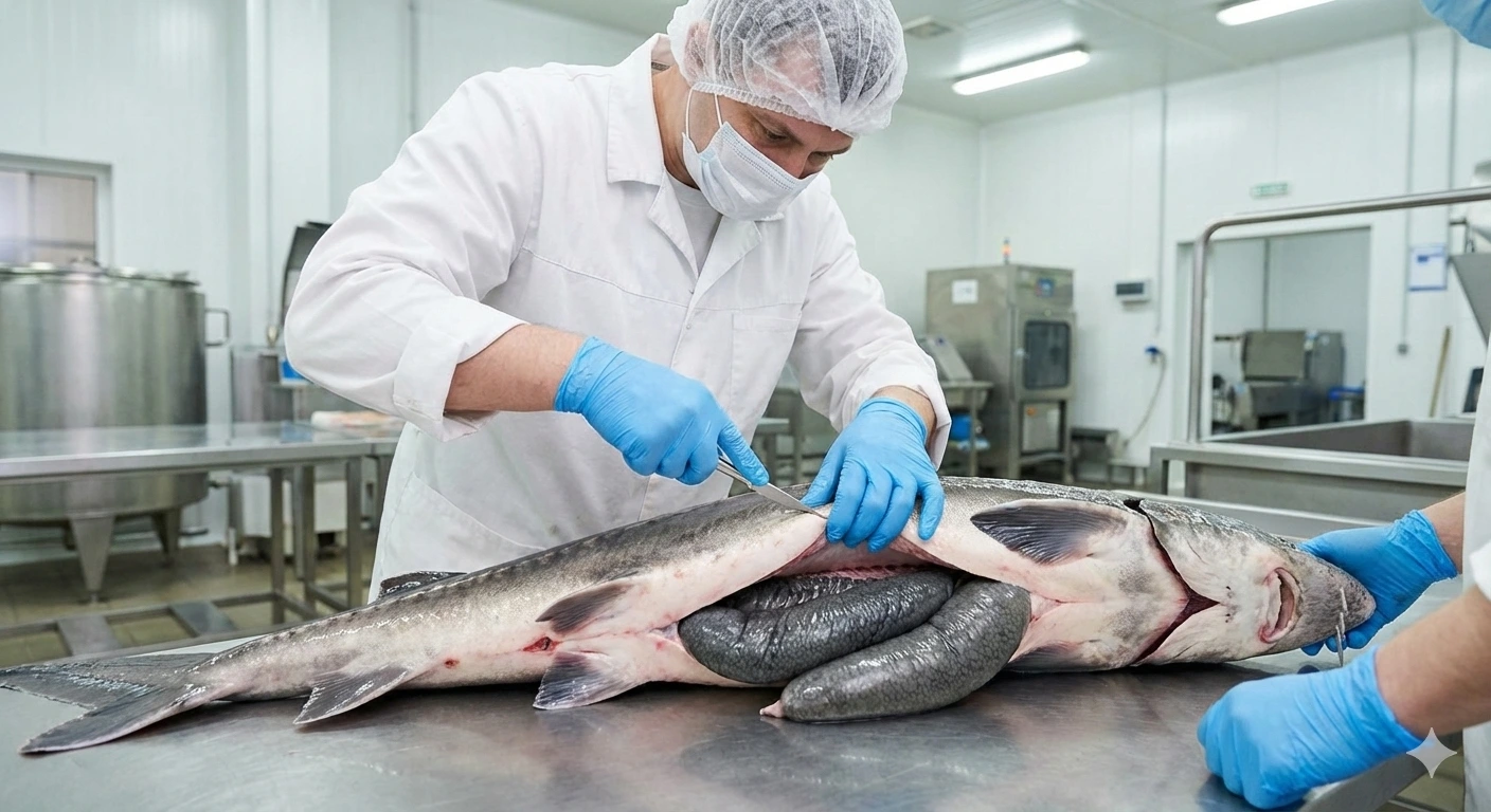 Technician opening a sturgeon and removing large roe sacs in a clean processing room