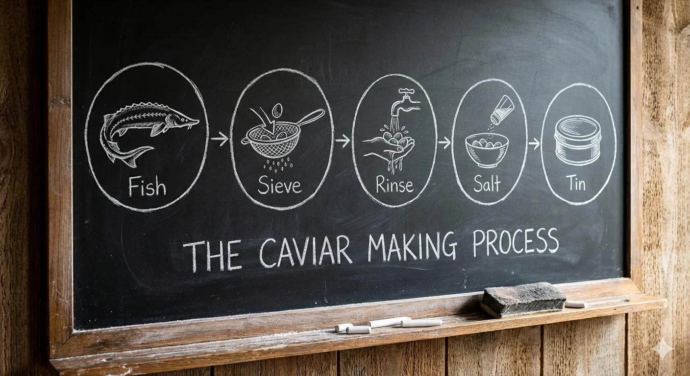 Fresh sturgeon beside an open caviar tin showing real sturgeon roe with a small amount of salt