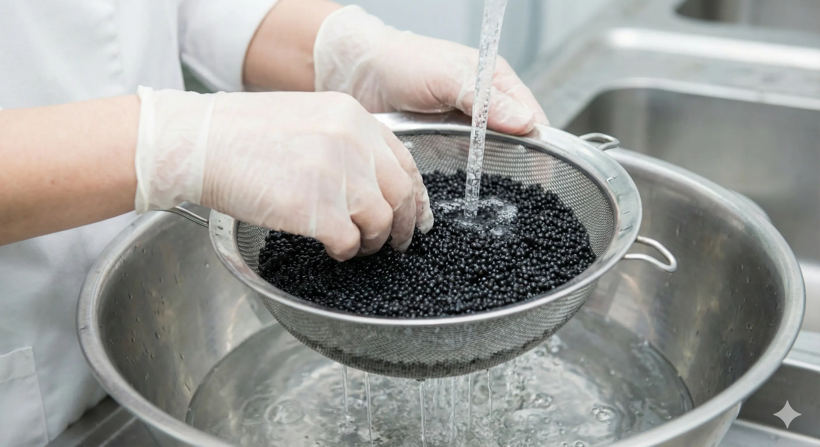 Gloved hands rinsing black caviar eggs in a metal sieve under cold water