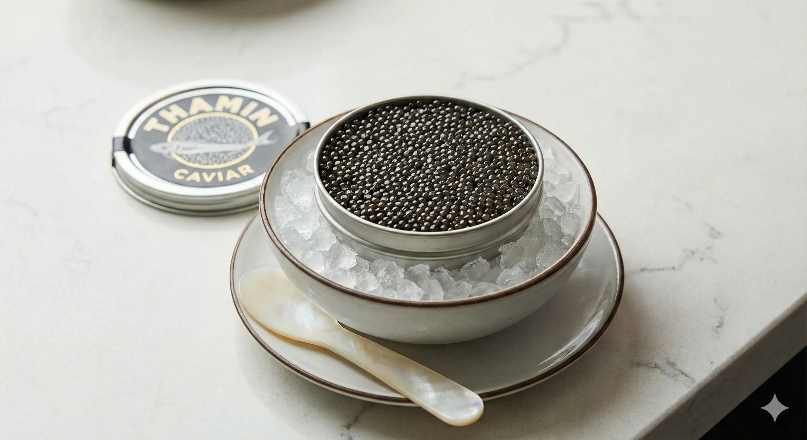 An opened tin of Thamin Caviar showing fresh black pearls, prepared for proper storage to maintain quality after serving.