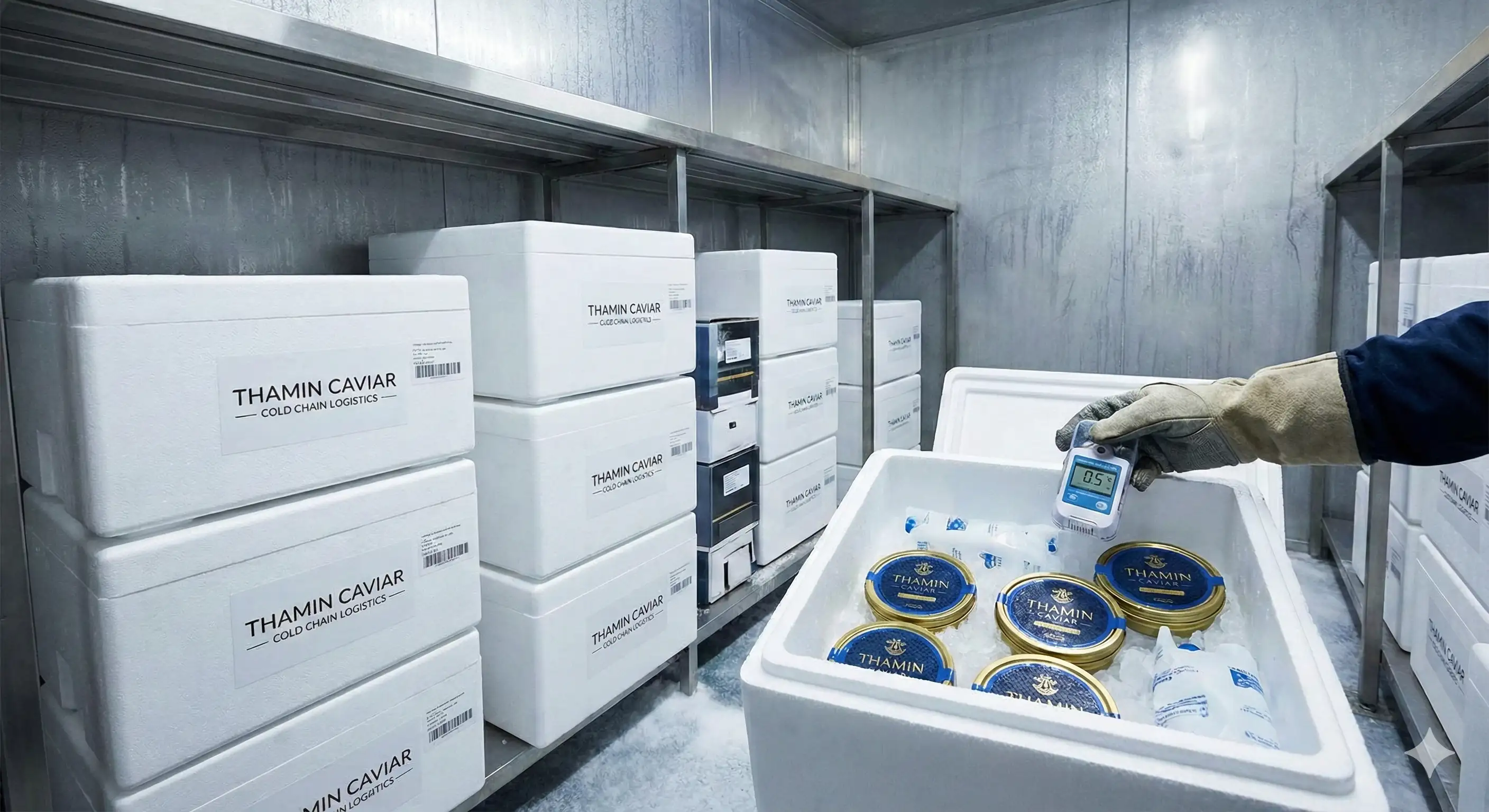 Inside a professional cold storage room, a gloved hand uses a digital thermometer to monitor the temperature of Thamin Caviar tins packed in an insulated styrofoam box, illustrating the strict cold chain logistics used to maintain freshness.