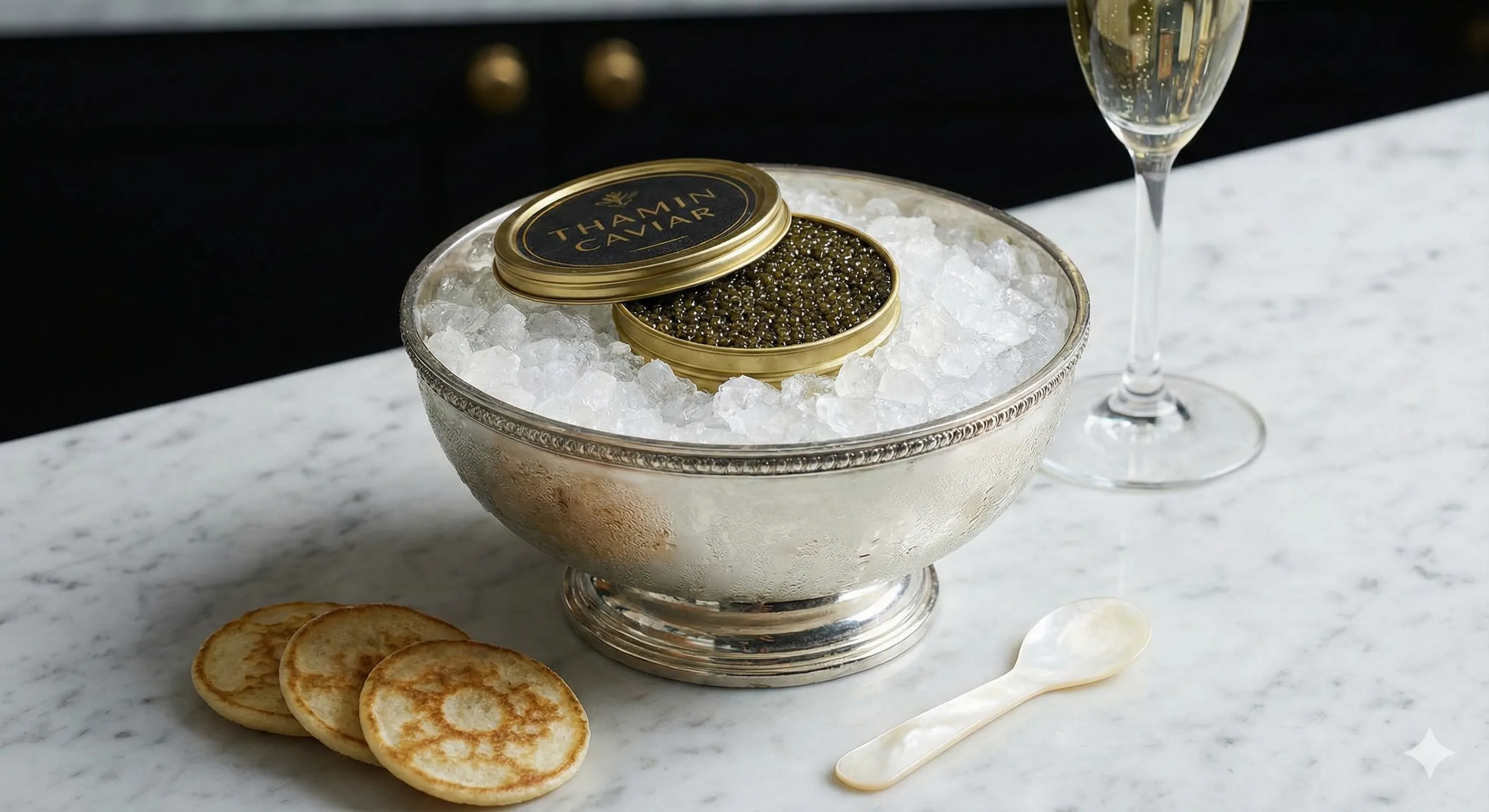A tin of Thamin Caviar resting on a bed of crushed ice, illustrating the perfect method to keep caviar cold during service.