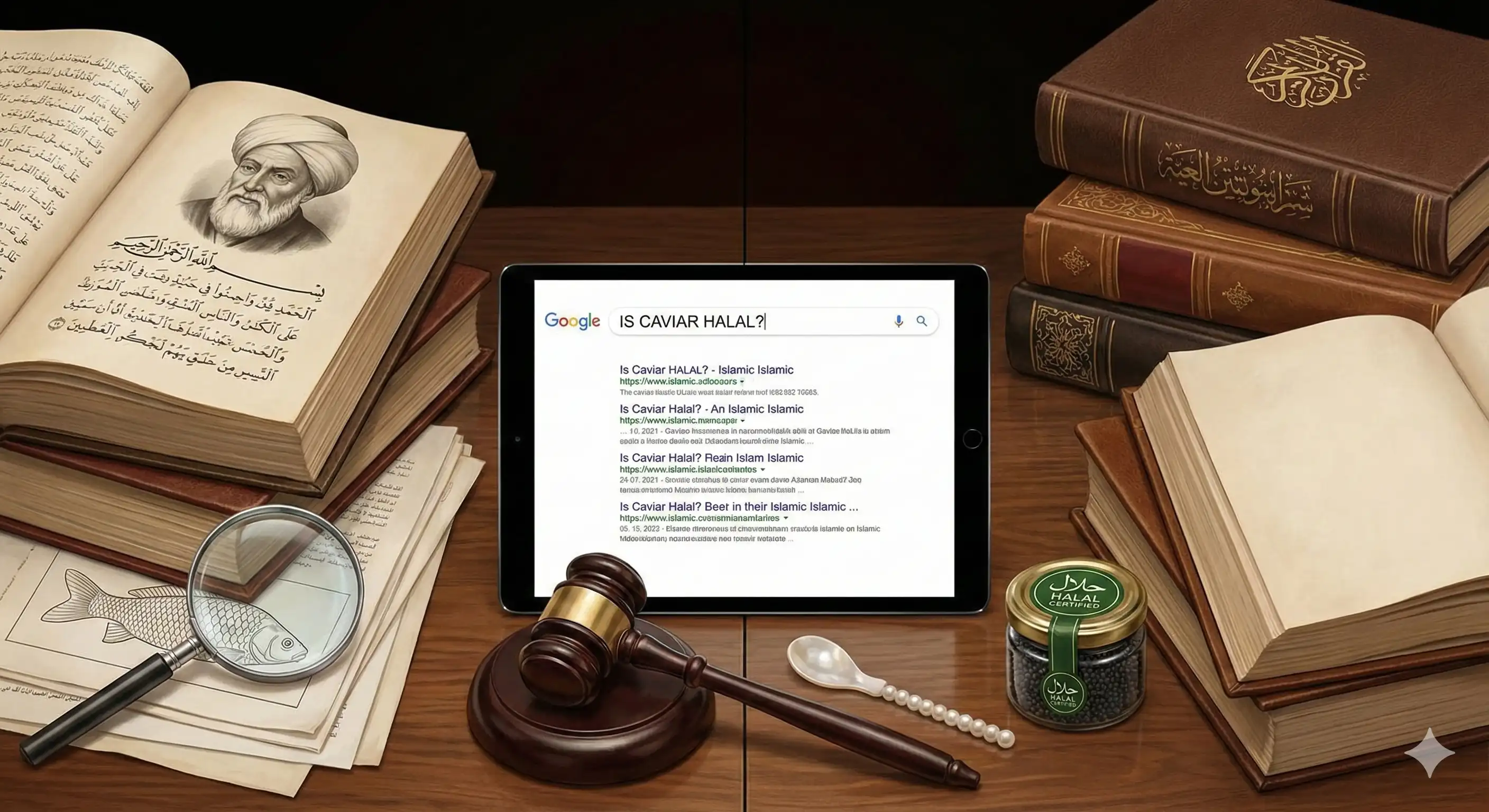 Religious books and scholars representing rulings about whether sturgeon caviar is halal in Islam for Shia and Sunni Muslims.