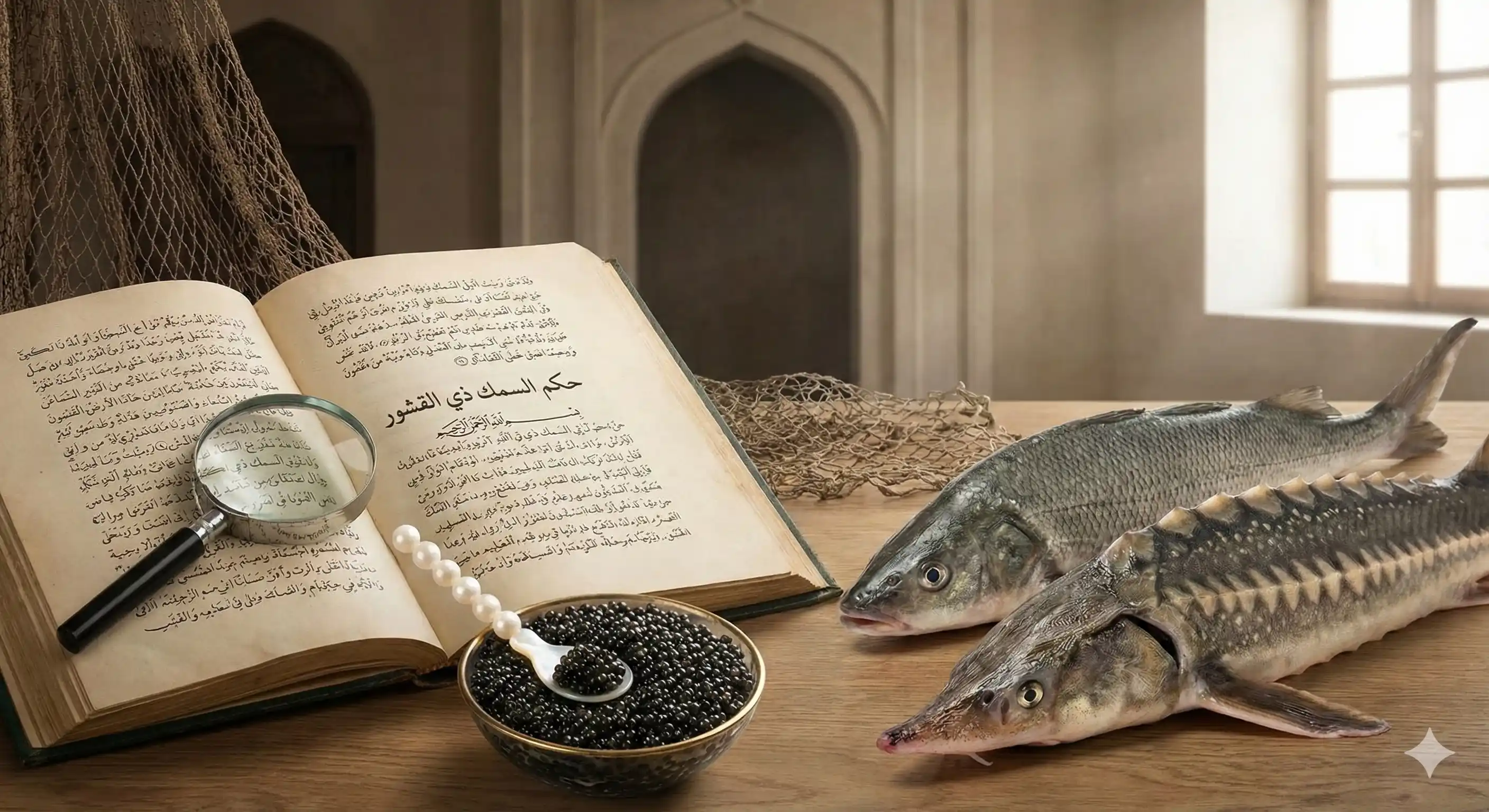 Islamic dietary rule showing fish with scales (Halal) versus smooth-skin fish, explaining the halal status of caviar based on Sunni and Shia rules.