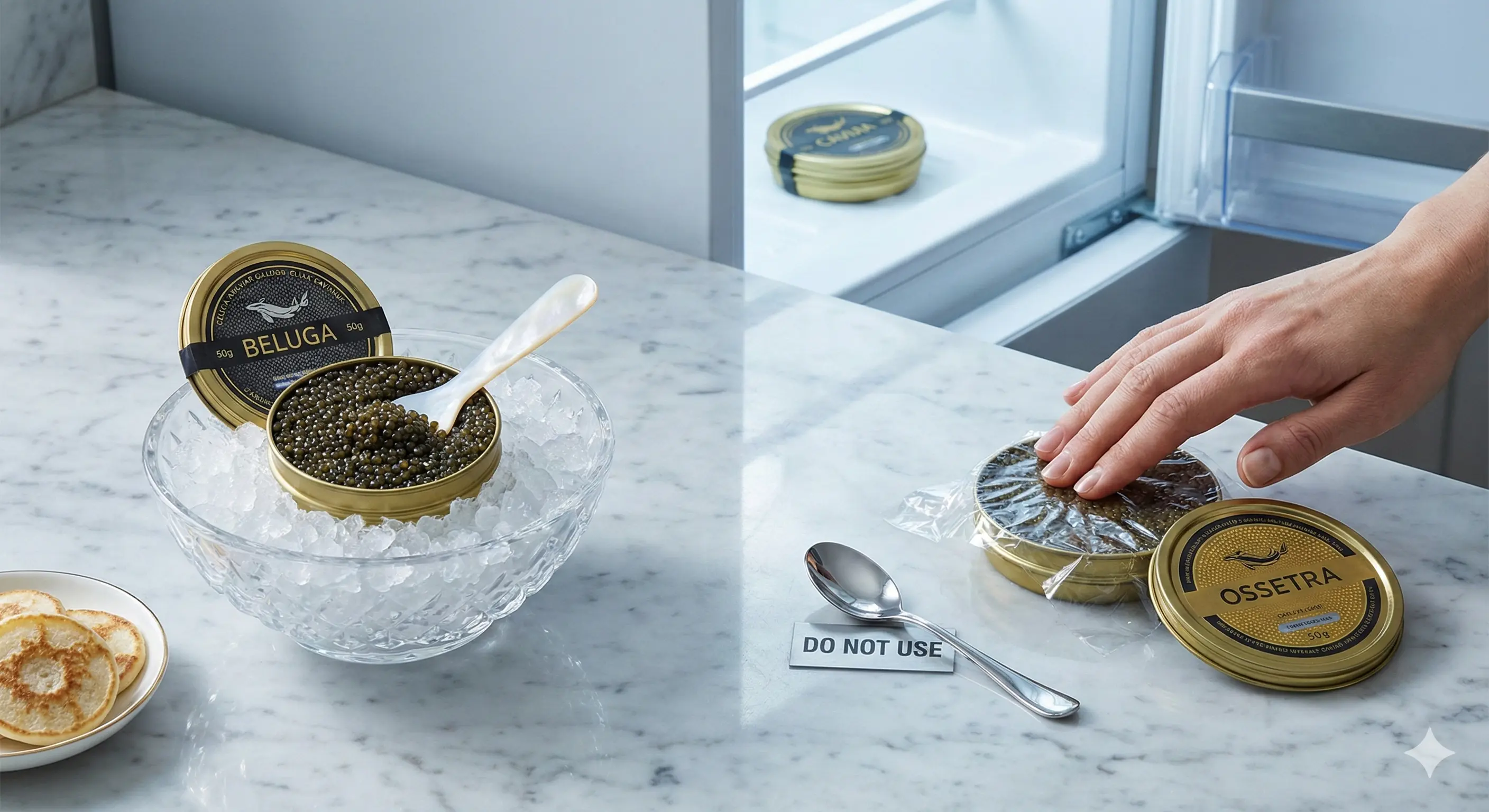 Beluga caviar served on ice with a non-metal spoon next to wrapped Ossetra tins stored in the fridge
