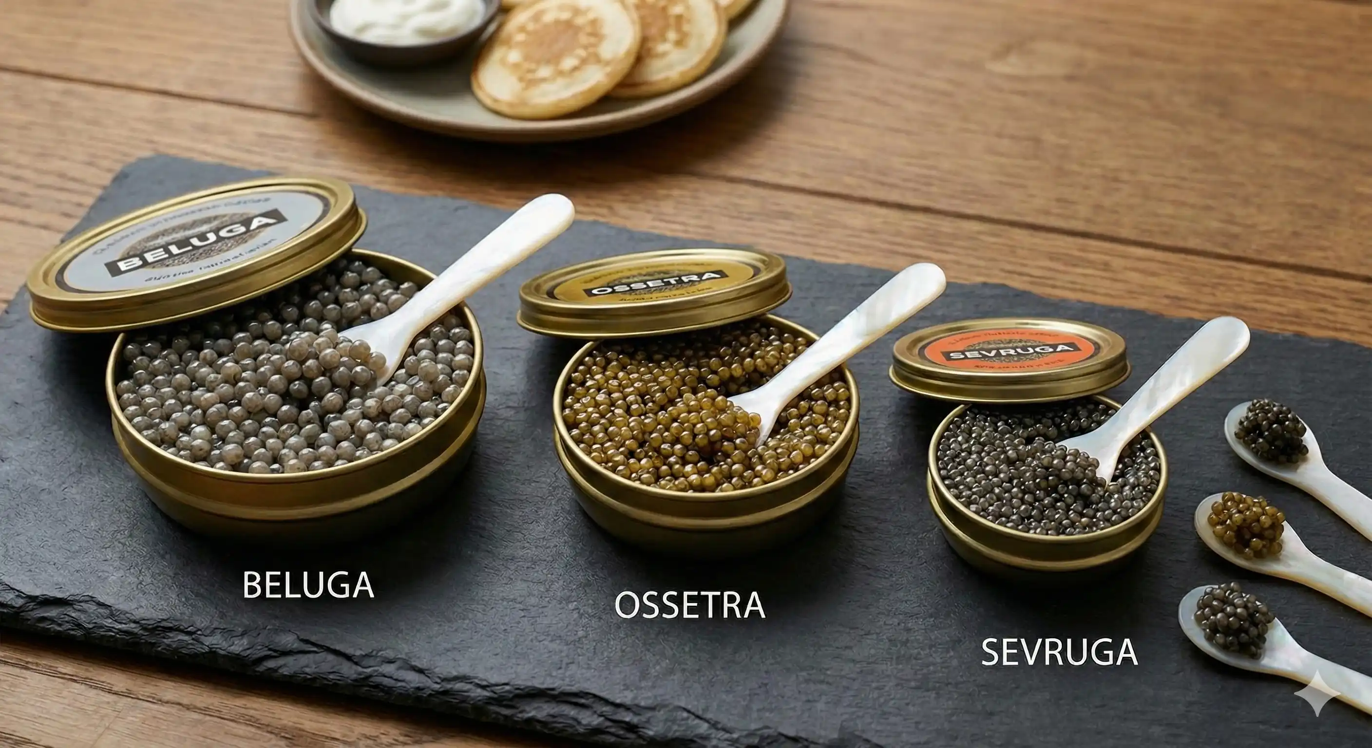 Beluga, Ossetra and Sevruga caviar tins lined up on a slate board with tasting spoons