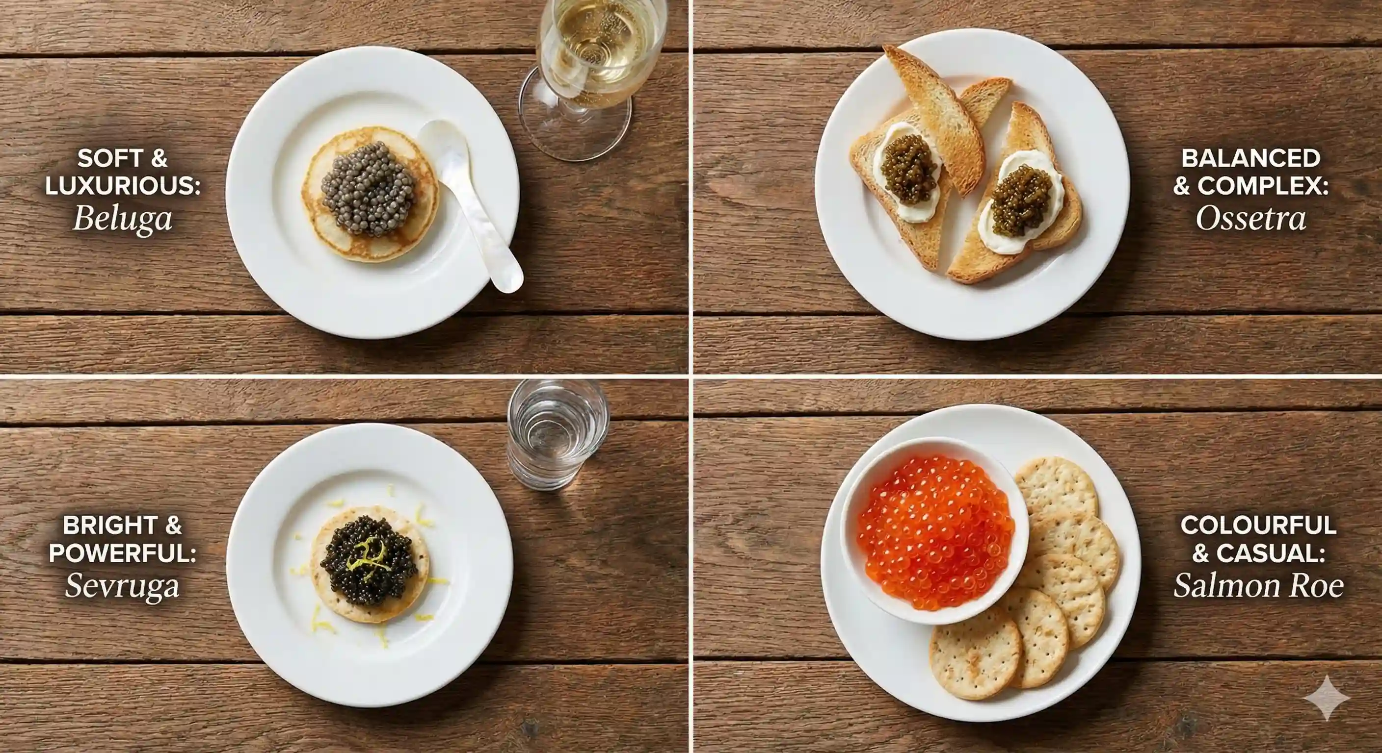 Plates of canapés topped with Beluga, Ossetra, Sevruga and salmon roe showing different serving styles