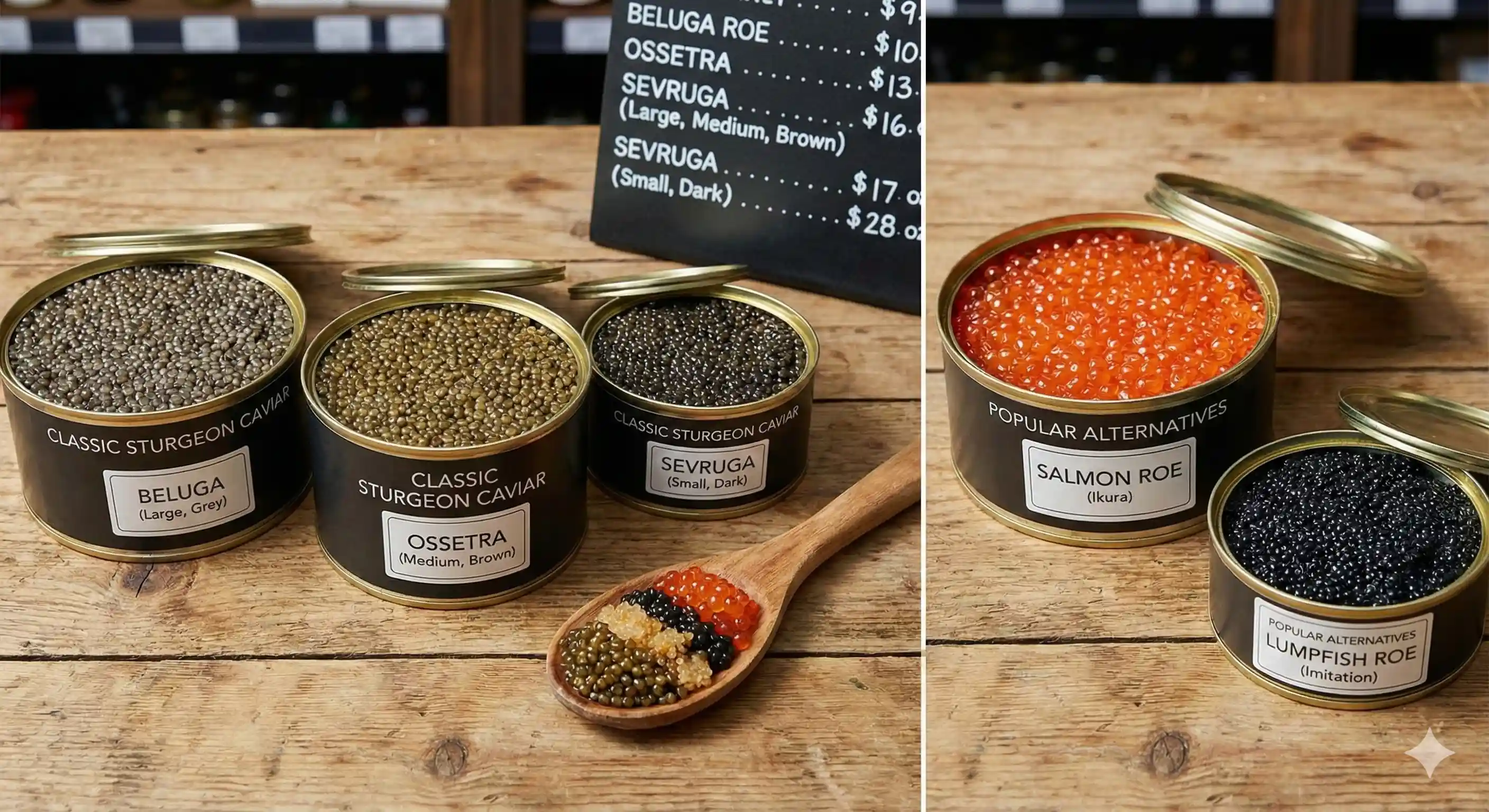 Classic Beluga, Ossetra and Sevruga tins compared with salmon and lumpfish roe on a wooden board