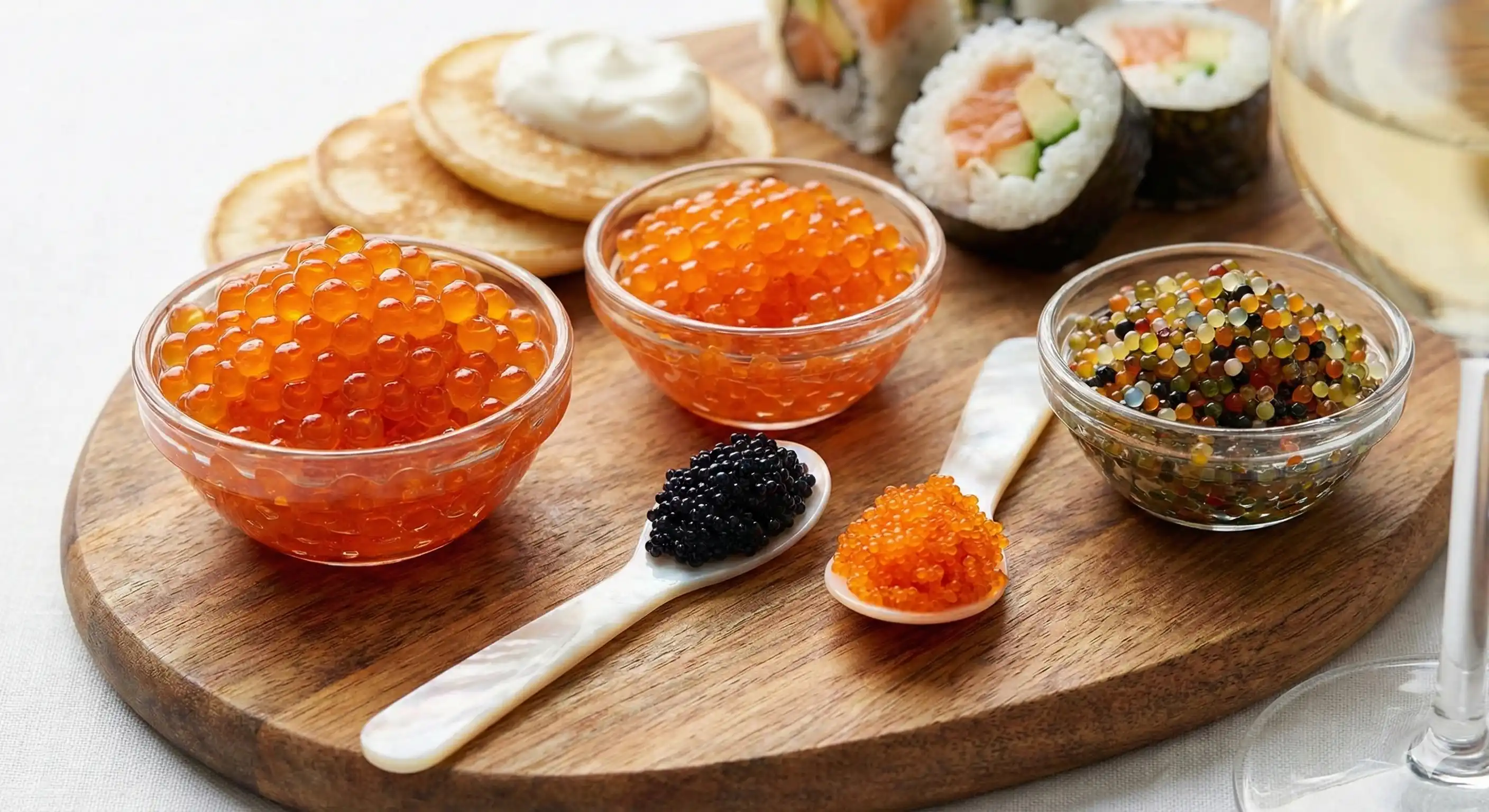 Bowls of salmon, trout and multicolour plant-based roe on a wooden serving board with tasting spoons