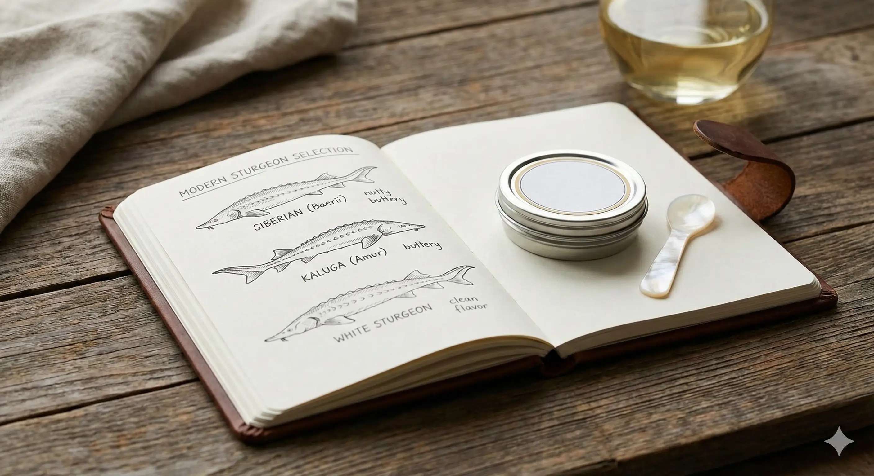 Notebook showing drawings of Siberian, Kaluga and white sturgeon beside a closed tin of caviar