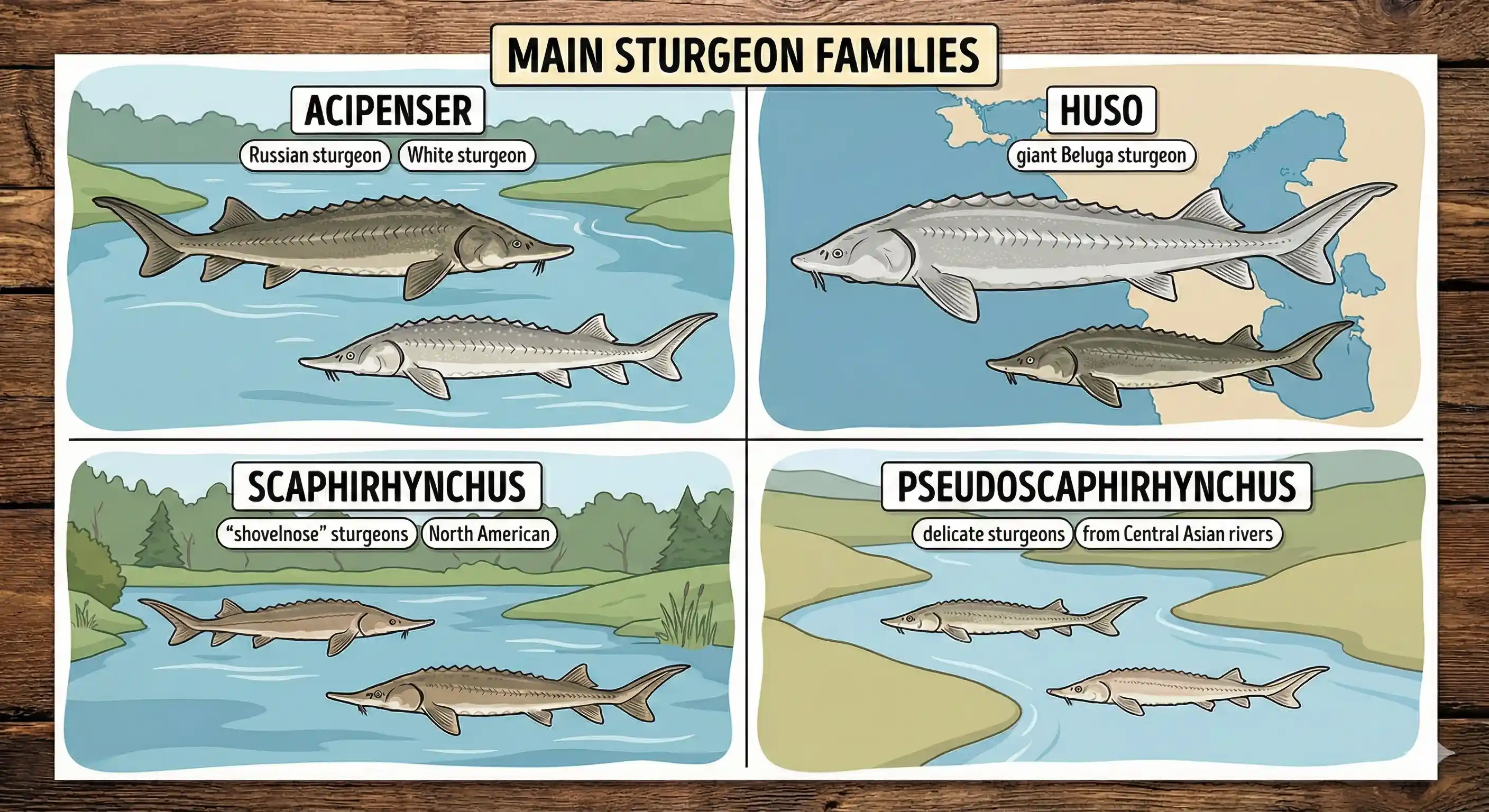 An educational illustration displaying the four main sturgeon families: Acipenser, Huso, Scaphirhynchus, and Pseudoscaphirhynchus.
