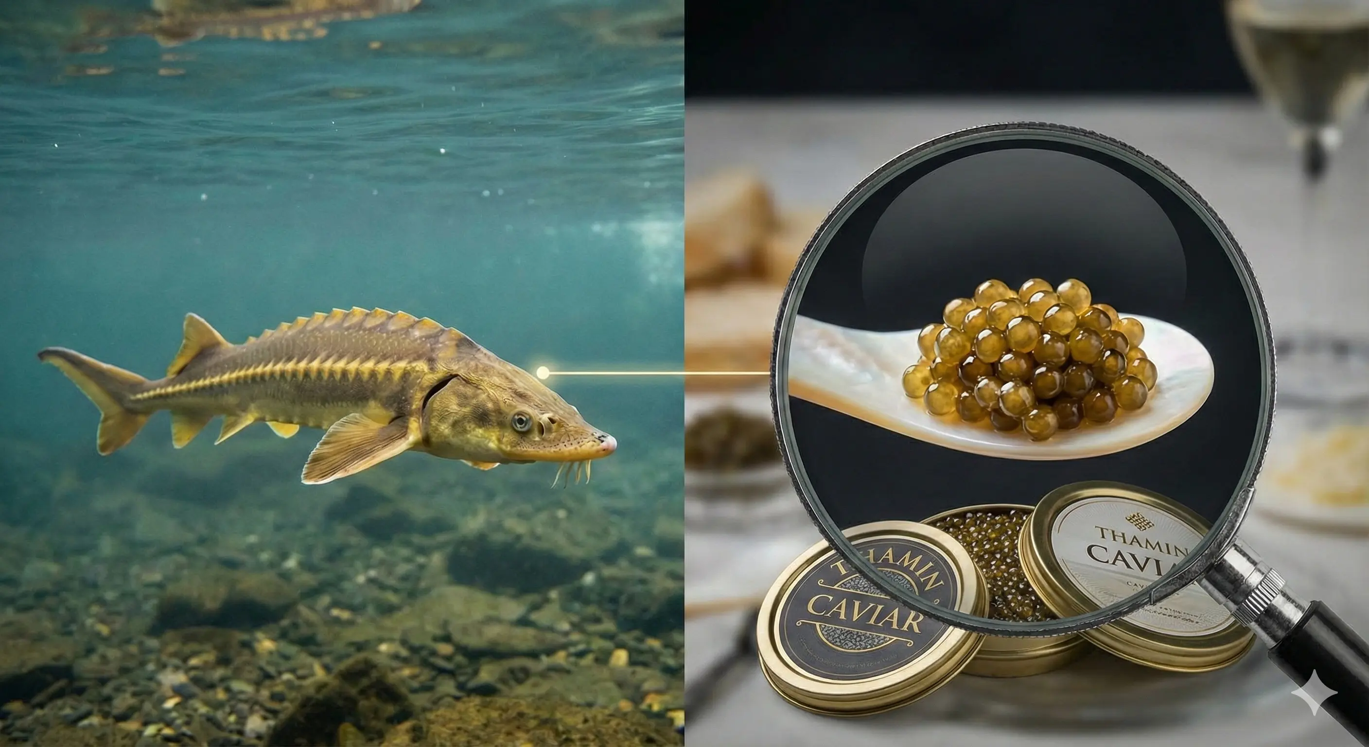 A split panel view illustrating the source of caviar. On the left, a sturgeon fish swims underwater; on the right, a magnifying glass highlights golden caviar on a spoon above multiple tins of Thamin Caviar.
