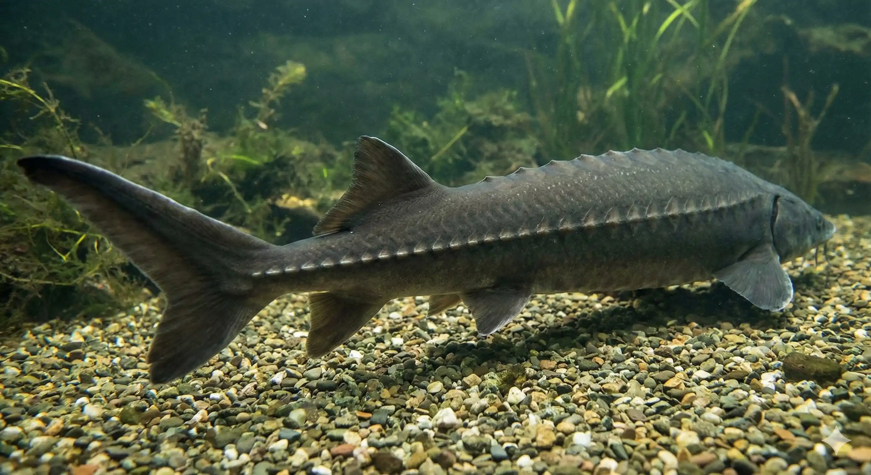 A large sturgeon fish swimming underwater, displaying its characteristic shark-like tail and the hard bony plates along its body.