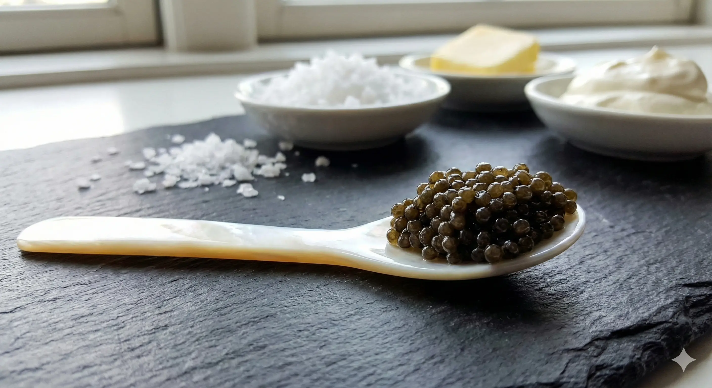 Mother of pearl spoon holding dark caviar next to bowls of sea salt, butter, and crème fraîche on a slate board, showing the texture and traditional pairings.