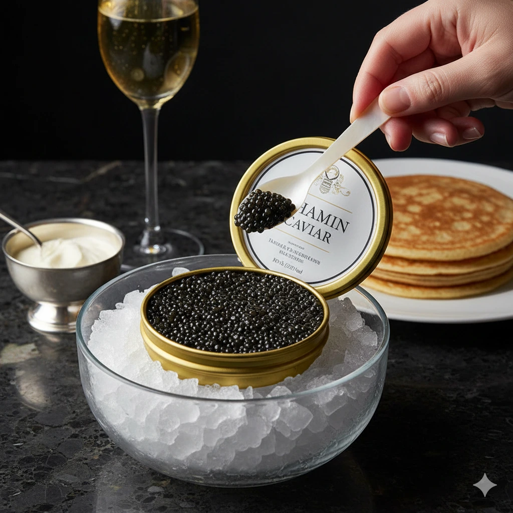 An open tin of premium Thamin Caviar showing fresh, glossy black pearls ready for tasting.