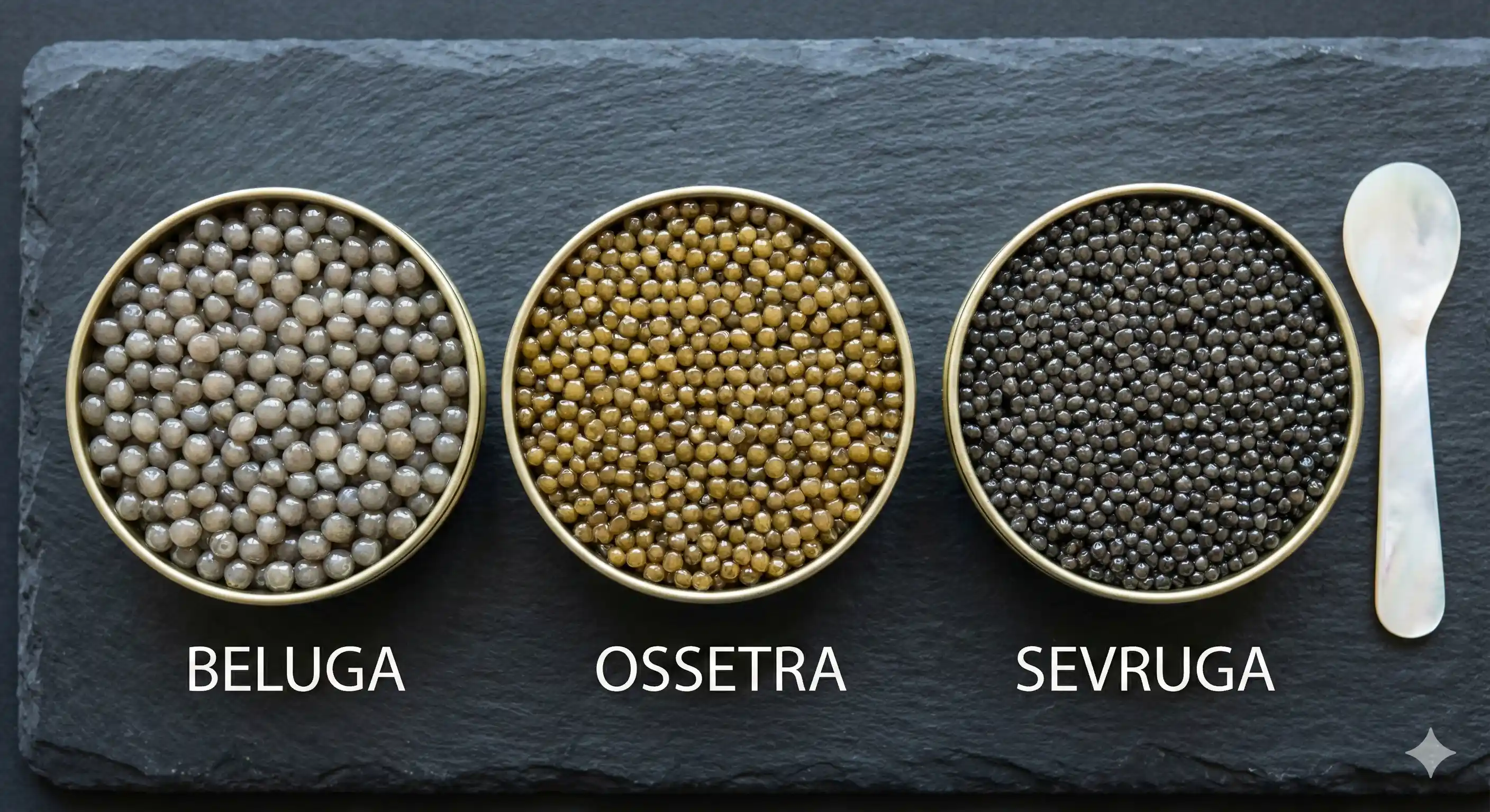 Tins of Beluga, Ossetra, and Sevruga caviar showing different egg colours and sizes