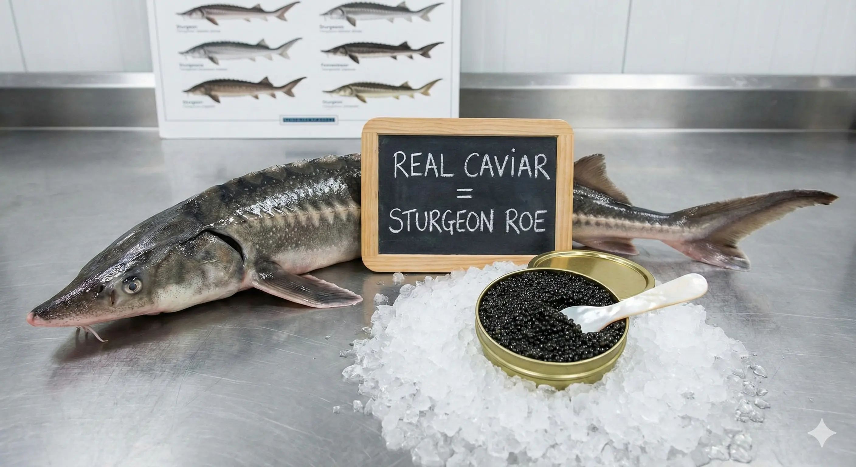 Fresh sturgeon with a sign saying real caviar equals sturgeon roe and an open caviar tin on ice
