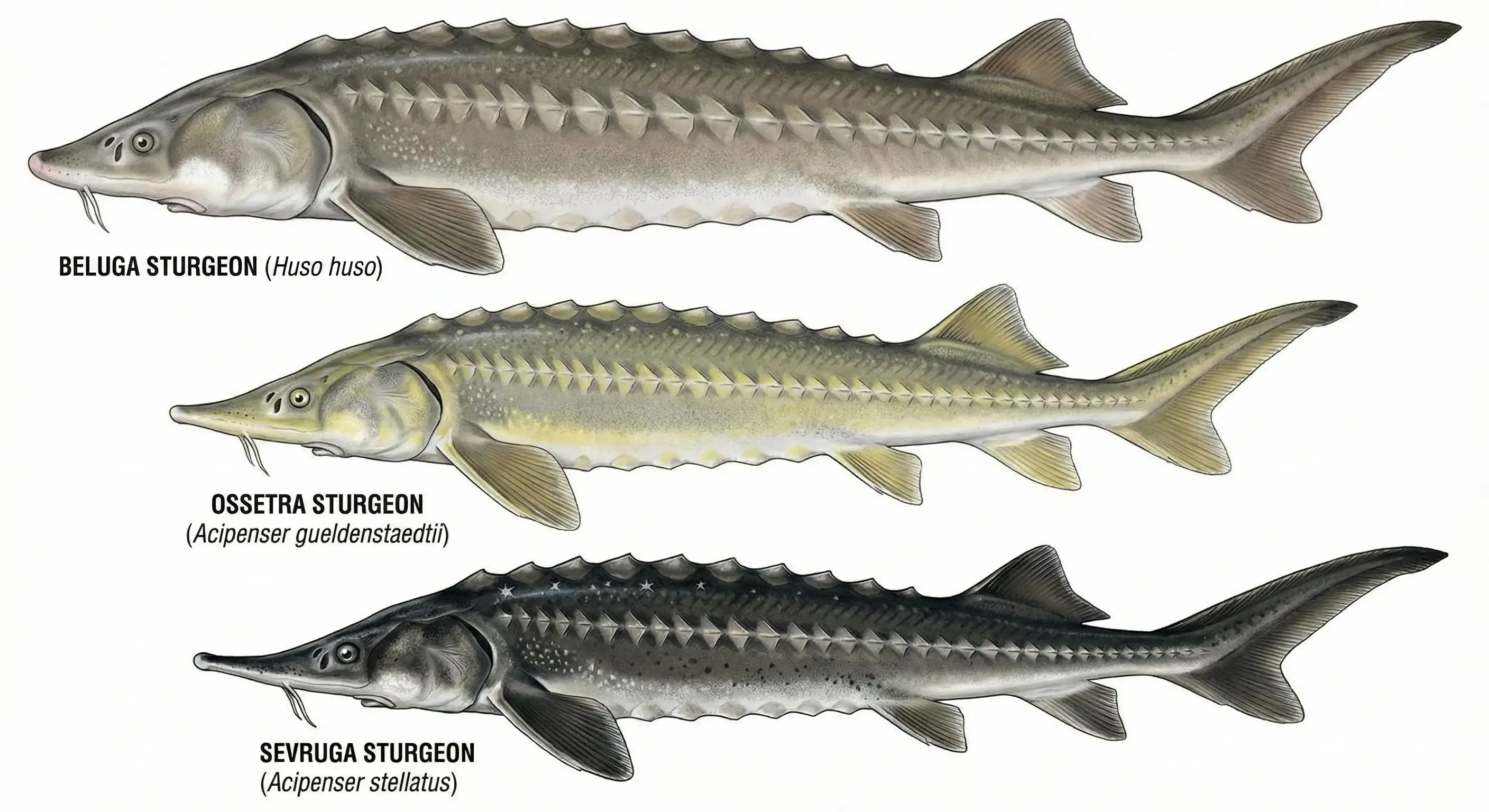 Illustration of Beluga, Ossetra, and Sevruga sturgeon species used for real caviar