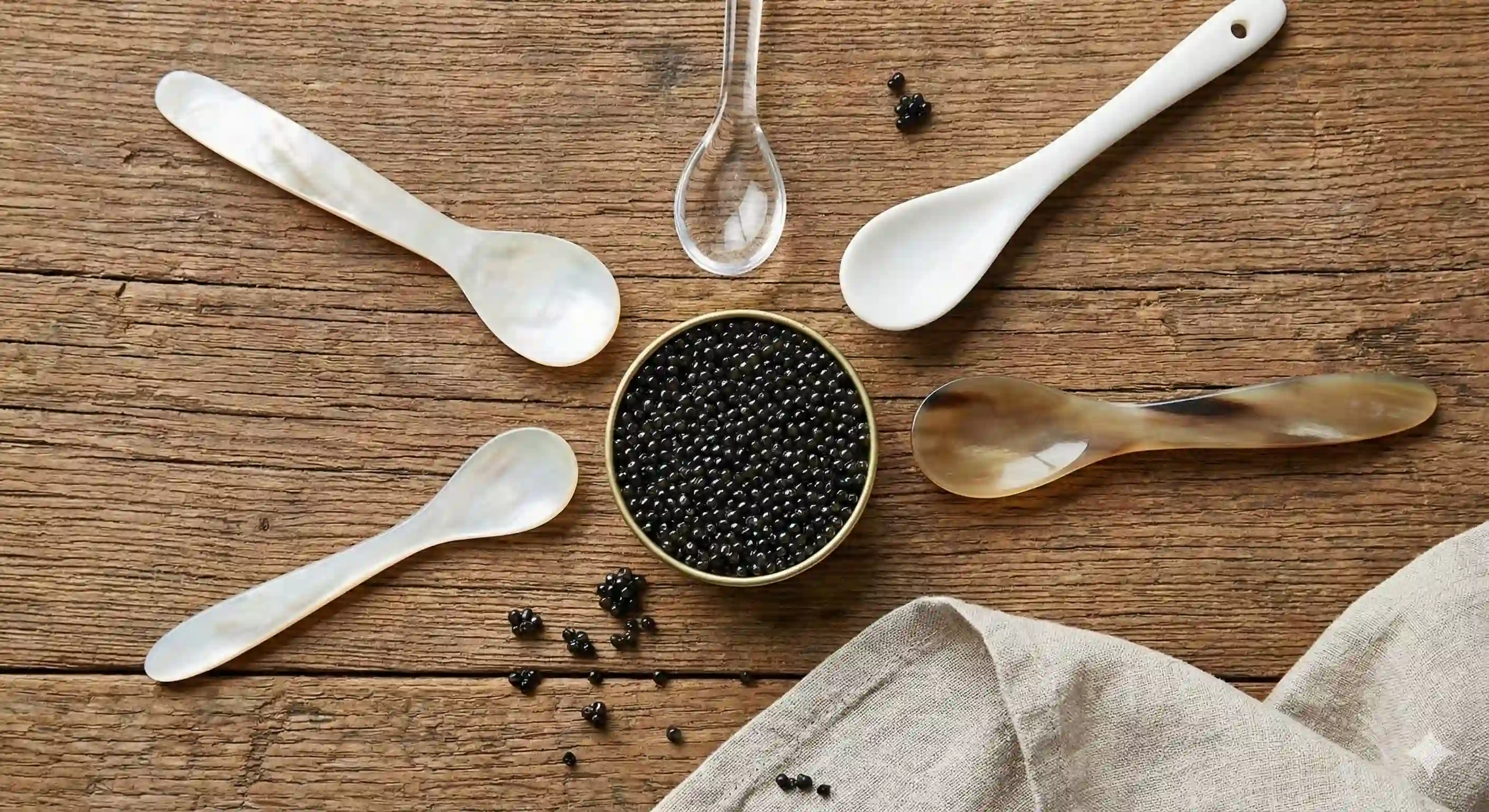 Caviar tin surrounded by non-metal spoons (mother-of-pearl, horn, ceramic, glass) for serving caviar without metal