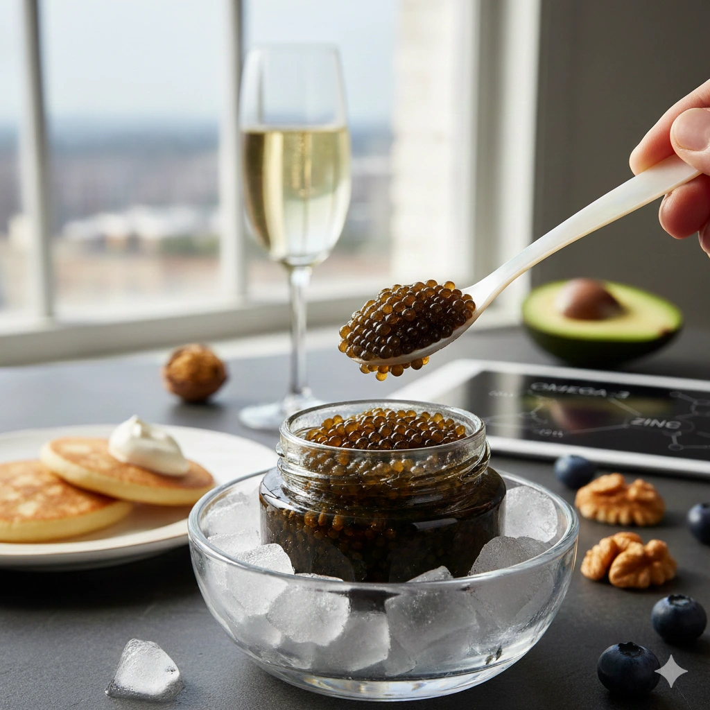 Close-up of fresh, glossy black caviar pearls, highlighting the rich texture of this nutrient-dense superfood.