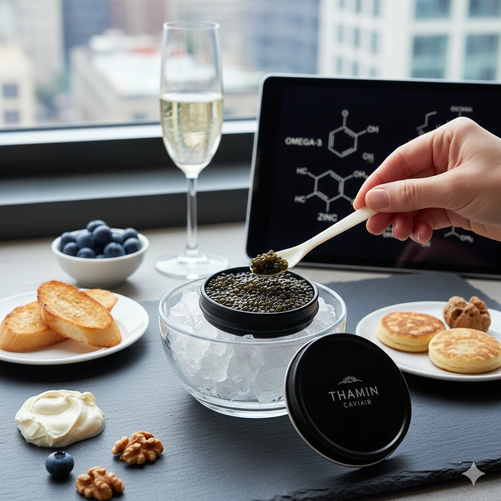 A healthy serving of fresh black caviar on lightly toasted bread, showing the perfect portion size to include in a daily diet.